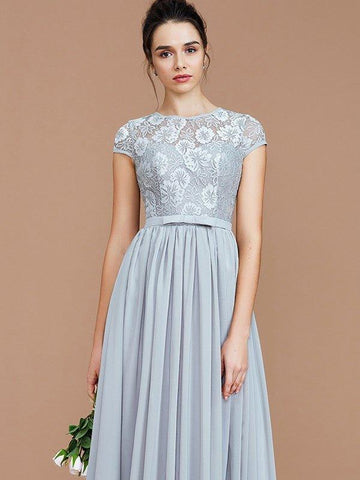 A-Linie/Princess-Linie Juwel-Ausschnitt Kurze Ärmel Spitze Bodenlang Chiffon Brautjungfernkleider