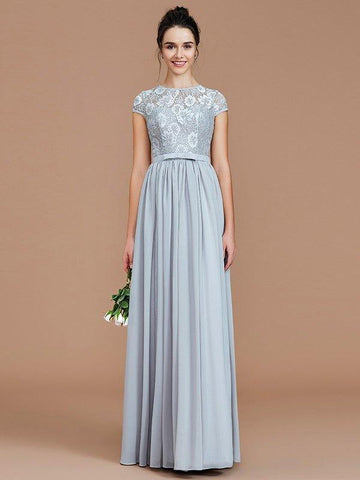 A-Linie/Princess-Linie Juwel-Ausschnitt Kurze Ärmel Spitze Bodenlang Chiffon Brautjungfernkleider
