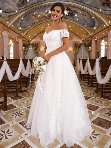 A-Linie/Princess-Linie Spitze Applikationen Schulterfrei Kurze Ärmel Sweep/Pinsel zug Brautkleider
