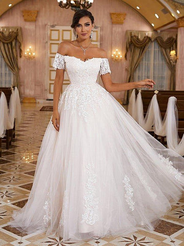 A-Linie/Princess-Linie Spitze Applikationen Schulterfrei Kurze Ärmel Sweep/Pinsel zug Brautkleider