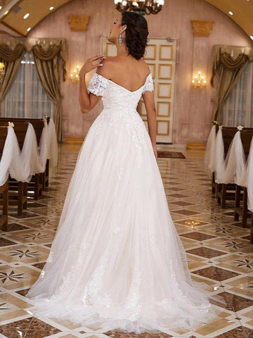 A-Linie/Princess-Linie Spitze Applikationen Schulterfrei Kurze Ärmel Sweep/Pinsel zug Brautkleider