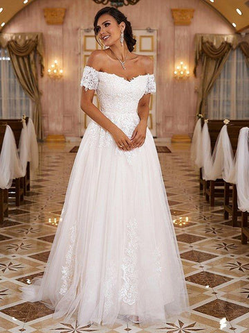 A-Linie/Princess-Linie Spitze Applikationen Schulterfrei Kurze Ärmel Sweep/Pinsel zug Brautkleider