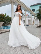 A-Line/Princess Lace Applique Off-the-Shoulder Sleeveless Sweep/Brush Train Wedding Dresses