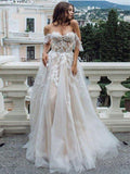 Vestidos de novia sin mangas con escote caído, línea A/princesa, aplicaciones de encaje y cola barrida/cepillo