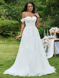 Vestidos de novia con escote caído, sin mangas, línea A/princesa, con aplicaciones de encaje y cola barrida/cepillo