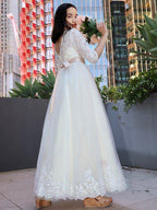 A-Line/Princess Lace Applique Scoop 3/4 Sleeves Floor-Length Junior Bridesmaid Dresses