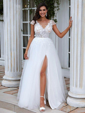 A-Linie/Princess-Linie Spitze Applikationen U-Ausschnitt Kurze Ärmel Sweep/Pinsel zug Brautkleider