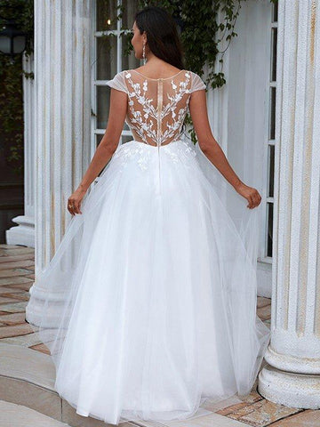 A-Linie/Princess-Linie Spitze Applikationen U-Ausschnitt Kurze Ärmel Sweep/Pinsel zug Brautkleider