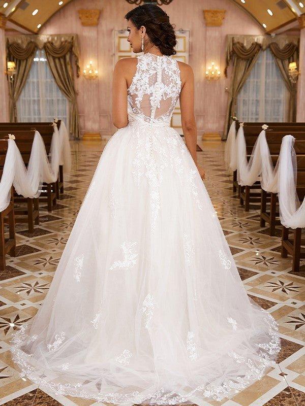 A-Line/Princess Lace Applique Scoop Sleeveless Sweep/Brush Train Wedding Dresses