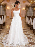 A-Line/Principessa Pizzo Applique Spalline a Spaghetti Senza Maniche Strascico Cattedrale Abiti da Sposa