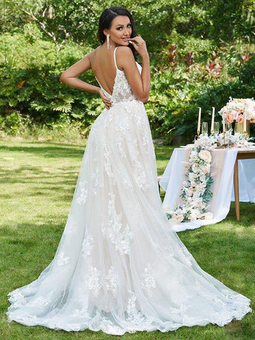 A-Linie/Princess-Linie Spitze Applikationen V-Ausschnitt Ärmellos Sweep/Pinsel zug Brautkleider