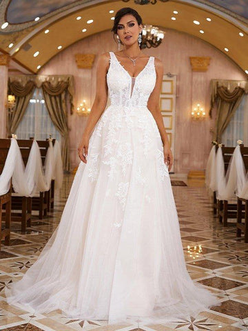 A-Linie/Princess-Linie Spitze Applikationen V-Ausschnitt Ärmellos Sweep/Pinsel zug Brautkleider