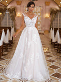 A-Line/Principessa Pizzo Applique Scollatura a V Senza Maniche Strascico Spazzolato Abiti da Sposa