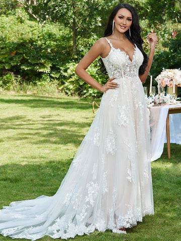 A-Linie/Princess-Linie Spitze Applikationen V-Ausschnitt Ärmellos Sweep/Pinsel zug Brautkleider