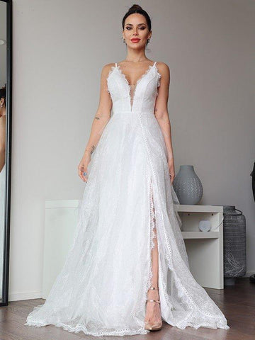 A-Linie/Princess-Linie Spitze Rüschen V-Ausschnitt Ärmellos Sweep/Pinsel zug Brautkleider