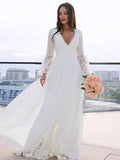 A-Line/Principessa Pizzo Scollo a V Maniche Lunghe Fascia/Nastro/Cintura Coda a Spazzola Abiti da Sposa