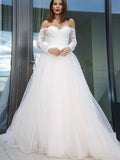 A-Line/Principessa Maniche Lunghe Tulle Applique Scollo Spalline Cadenti Coda a Corte Abiti da Sposa