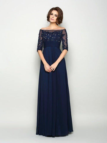 A-Linie/Princess-Linie Schulterfrei Perlen verziert 1/2 Ärmel Lang Chiffon Brautmutterkleider