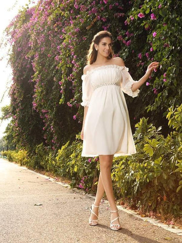A-Linie/Princess-Linie Schulterfrei Perlen verziert 1/2 Ärmel Kurz Chiffon Brautkleider