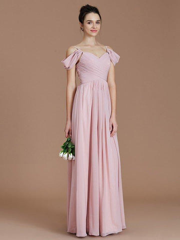 A-Linie/Princess-Linie Schulterfrei Ärmellos Rüschen Bodenlang Chiffon Brautjungfernkleider