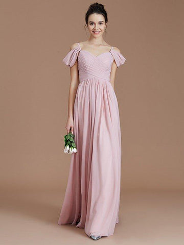 A-Linie/Princess-Linie Schulterfrei Ärmellos Rüschen Bodenlang Chiffon Brautjungfernkleider