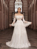 A-Line/Principessa Scollo Spalline Cadenti Tulle Maniche Lunghe Applique Coda a Spazzola Abiti da Sposa