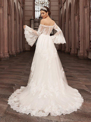 A-Linie/Princess-Linie Schulterfrei Tüll Lange Ärmel Applikationen Sweep/Pinsel zug Brautkleider