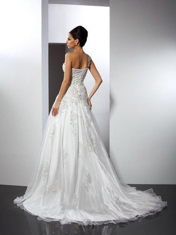 A-Linie/Princess-Linie One-Shoulder-Träger Applikationen Ärmellos Lange Satin Brautkleider