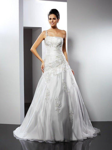 A-Linie/Princess-Linie One-Shoulder-Träger Applikationen Ärmellos Lange Satin Brautkleider