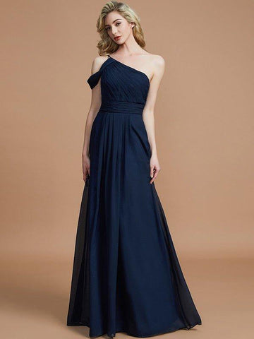 Vestidos de madrinha de casamento estilo princesa, de um ombro só, compridos, em chiffon, sem mangas