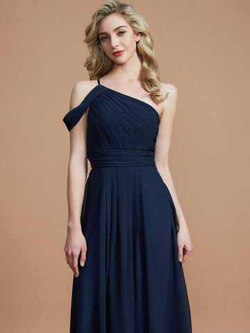 Vestidos de madrinha de casamento estilo princesa, de um ombro só, compridos, em chiffon, sem mangas