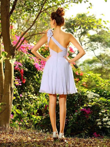 A-Linie/Princess-Linie One-Shoulder-Träger Handgemachte Blume Ärmellos Kurz Chiffon Brautjungfernkleider