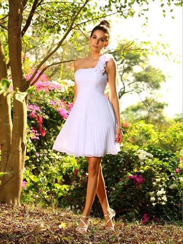 A-Linie/Princess-Linie One-Shoulder-Träger Handgemachte Blume Ärmellos Kurz Chiffon Brautjungfernkleider