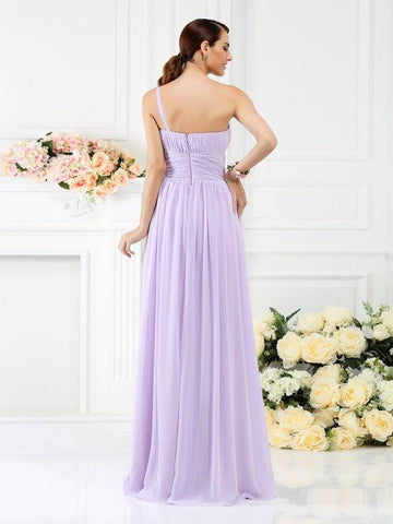 A-Linie/Princess-Linie One-Shoulder-Träger Falten Handgemachte Blume Ärmellos Lange Chiffon Brautjungfernkleider