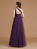 A-Line/Princess One-Shoulder Sleeveless Floor-Length Ruched Tulle Bridesmaid Dresses