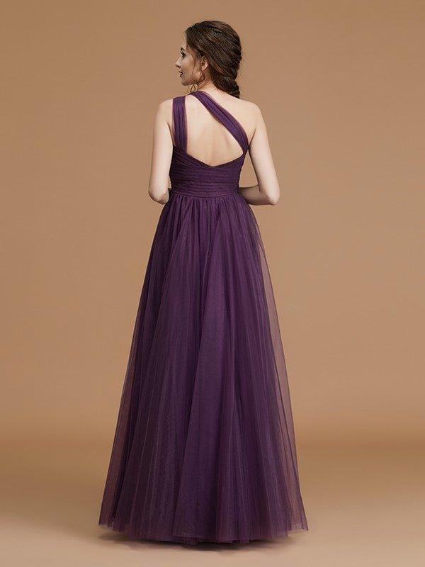 A-Line/Princess One-Shoulder Sleeveless Floor-Length Ruched Tulle Bridesmaid Dresses