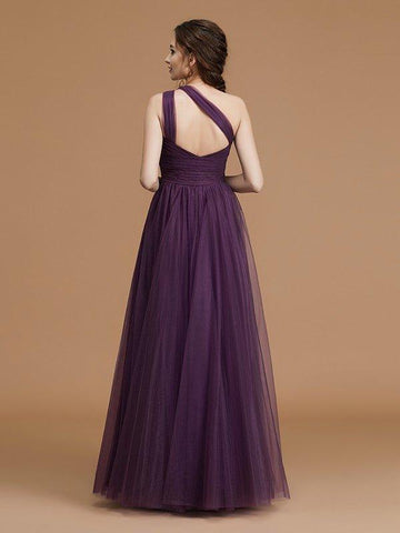A-Linie/Princess-Linie One-Shoulder-Träger Ärmellos Bodenlang Geraffte Tüll Brautjungfernkleider