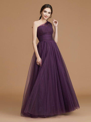 A-Linie/Princess-Linie One-Shoulder-Träger Ärmellos Bodenlang Geraffte Tüll Brautjungfernkleider
