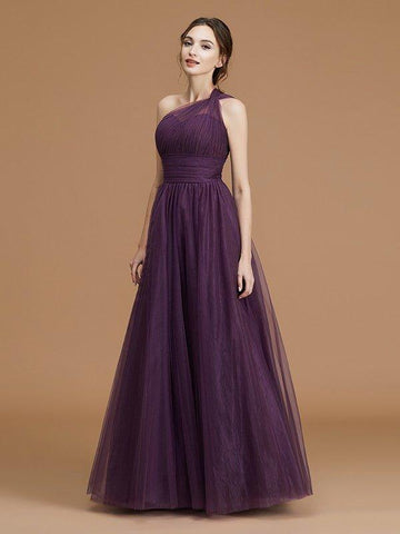 A-Linie/Princess-Linie One-Shoulder-Träger Ärmellos Bodenlang Geraffte Tüll Brautjungfernkleider