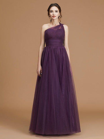 A-Linie/Princess-Linie One-Shoulder-Träger Ärmellos Bodenlang Geraffte Tüll Brautjungfernkleider