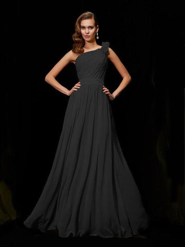 A-Linie/Princess-Linie One-Shoulder-Träger Ärmellos Handgemachte Blume Lange Chiffon Brautjungfernkleider