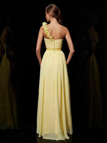 A-Linie/Princess-Linie One-Shoulder-Träger Ärmellos Handgemachte Blume Lange Chiffon Brautjungfernkleider