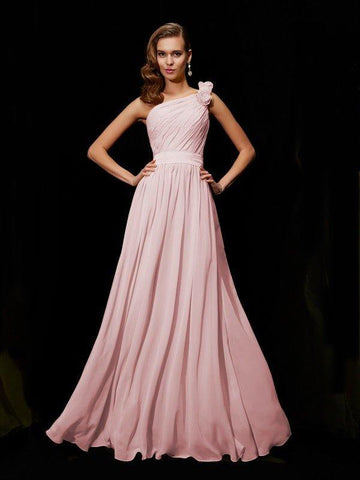 A-Linie/Princess-Linie One-Shoulder-Träger Ärmellos Handgemachte Blume Lange Chiffon Brautjungfernkleider