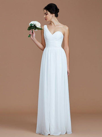 A-Linie/Princess-Linie One-Shoulder-Träger Ärmellos Rüschen Bodenlang Chiffon Brautjungfernkleider