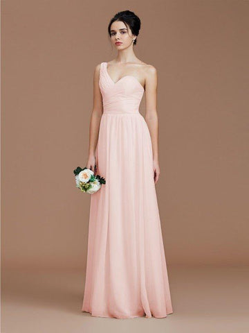 A-Linie/Princess-Linie One-Shoulder-Träger Ärmellos Rüschen Bodenlang Chiffon Brautjungfernkleider
