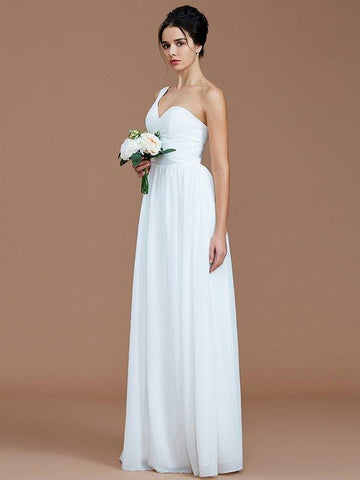A-Linie/Princess-Linie One-Shoulder-Träger Ärmellos Rüschen Bodenlang Chiffon Brautjungfernkleider