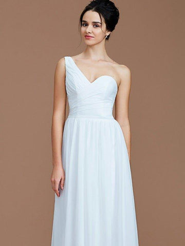 A-Linie/Princess-Linie One-Shoulder-Träger Ärmellos Rüschen Bodenlang Chiffon Brautjungfernkleider
