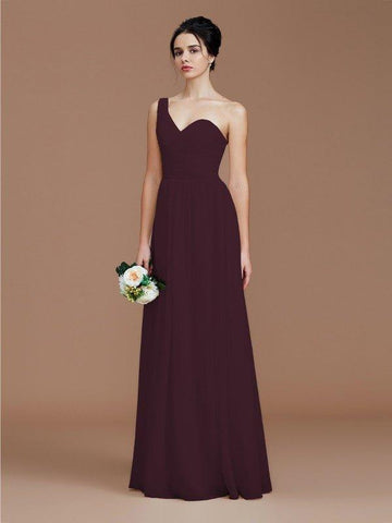A-Linie/Princess-Linie One-Shoulder-Träger Ärmellos Rüschen Bodenlang Chiffon Brautjungfernkleider