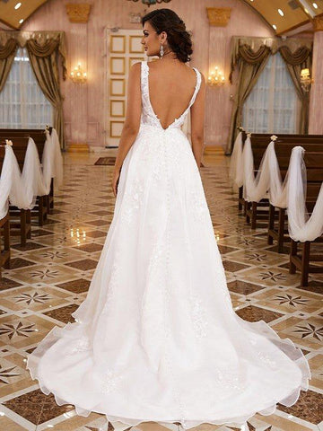 A-Linie/Princess-Linie Organza Applikationen V-Ausschnitt Ärmellos Sweep/Pinsel zug Brautkleider