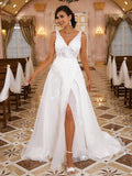 A-Line/Principessa Organza Applique Scollo a V Senza Maniche Coda a Spazzola Abiti da Sposa
